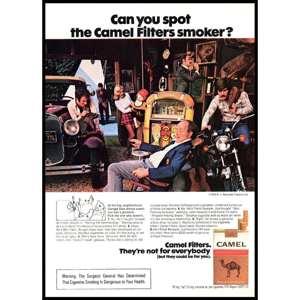 1974 Camel Cigarettes Vintage Print Ad Jukebox Miniskirt Motorcycle Wall Art